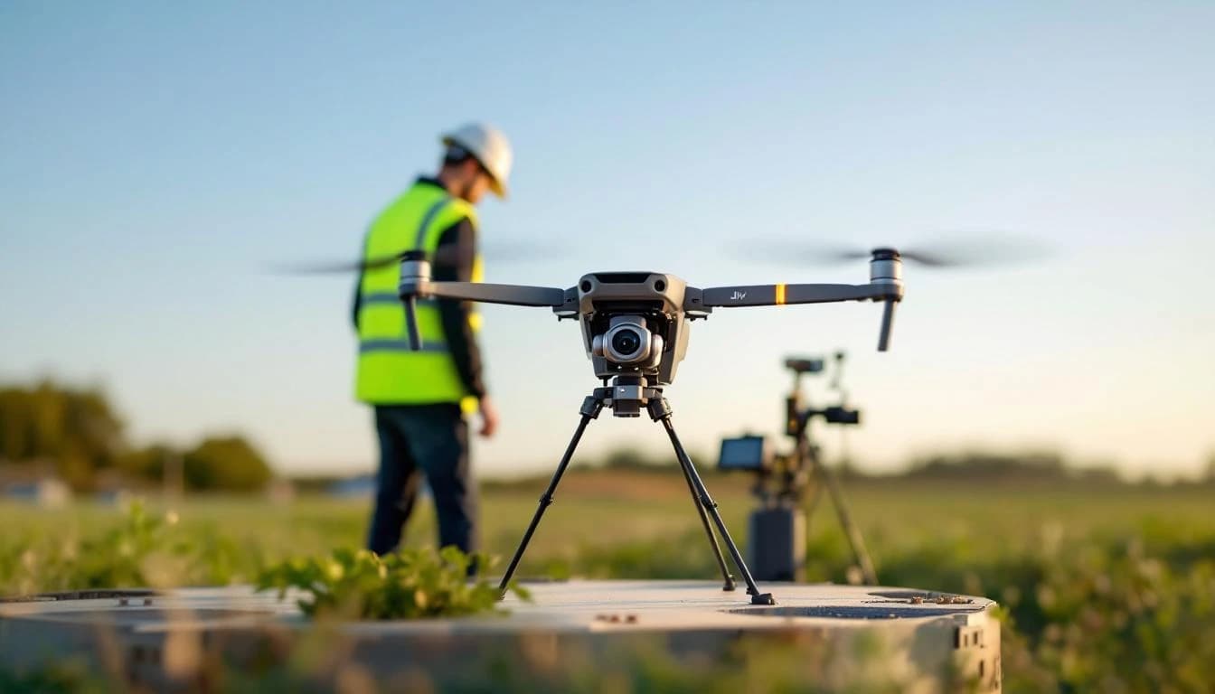 Professional survey drone with LiDAR sensor on a landing pad with technician checking equipment