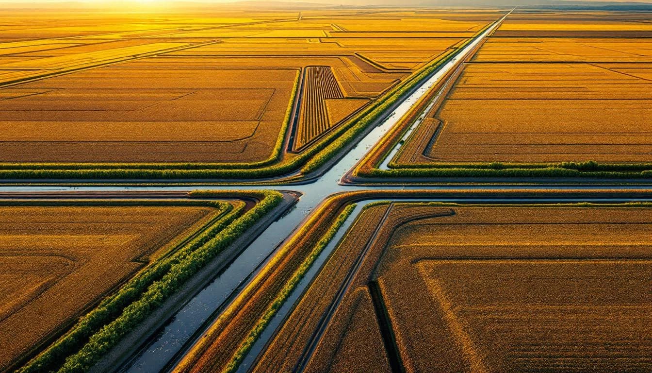 Aerial view of irrigation channels cutting across flat farmland