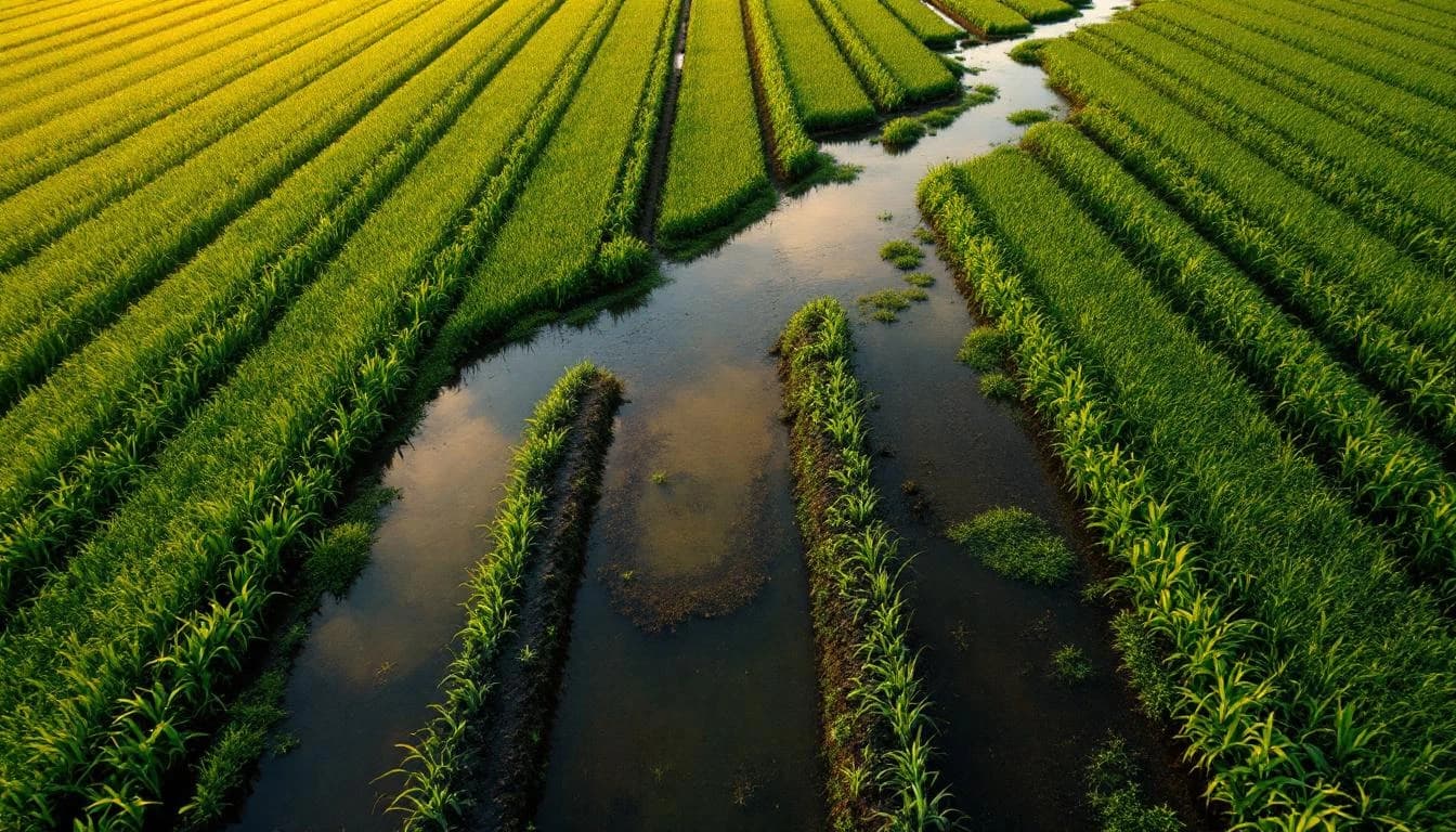 Aerial view of agricultural field showing subtle water pooling patterns after rainfall