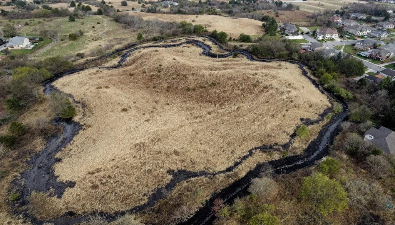 Aerial view of undeveloped land parcel adjacent to existing suburban development