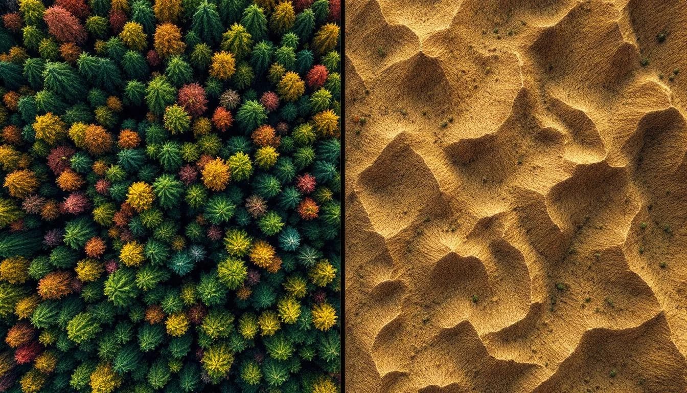 Split-screen comparison of photogrammetric RGB imagery versus LiDAR bare-earth hillshade