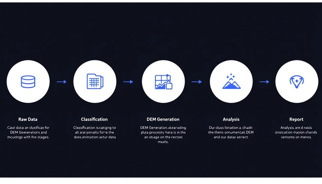 Data processing pipeline infographic showing five stages from raw data to final report