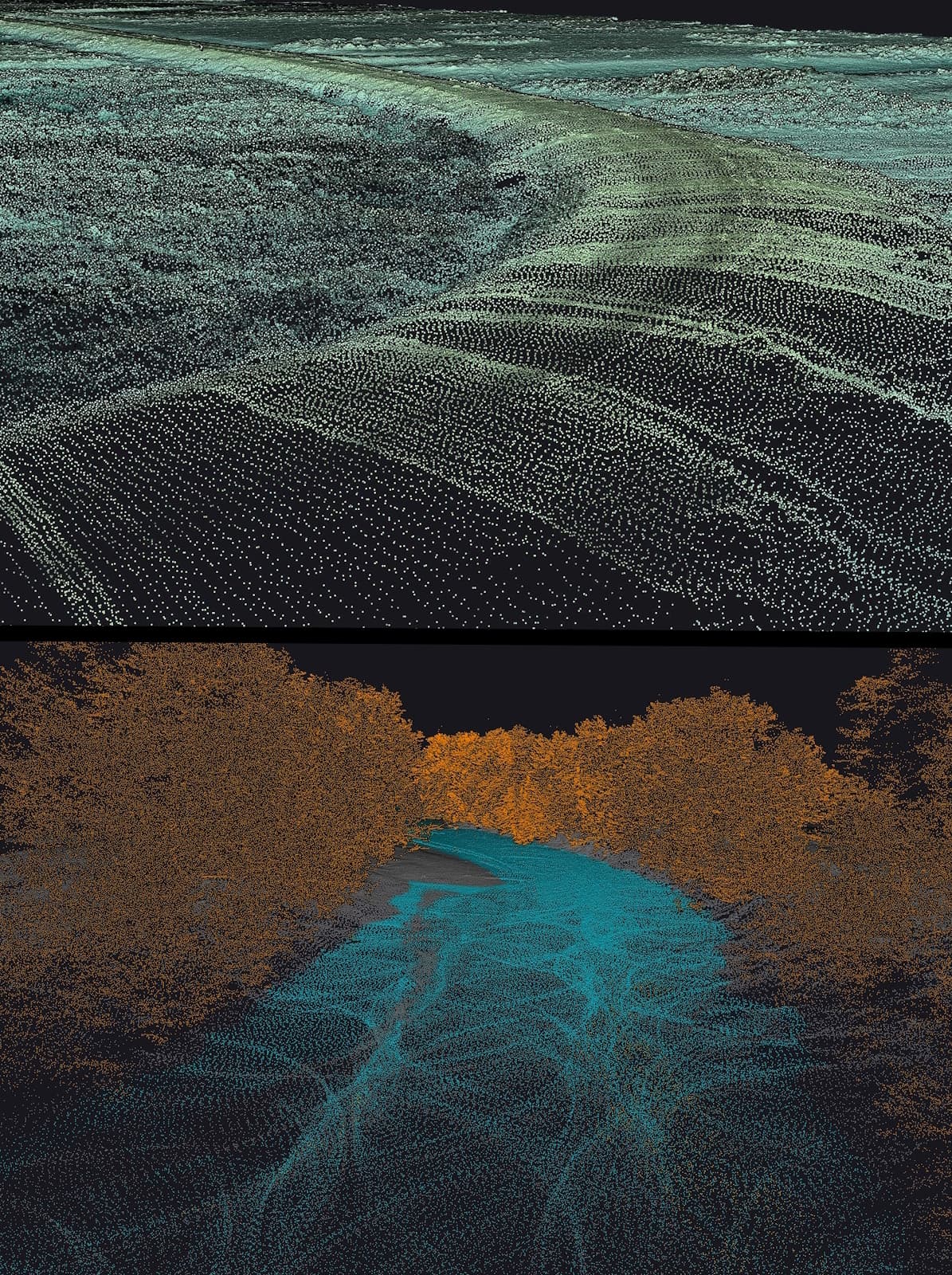USGS UAS-collected LiDAR point cloud data showing roads and river terrain in Colorado