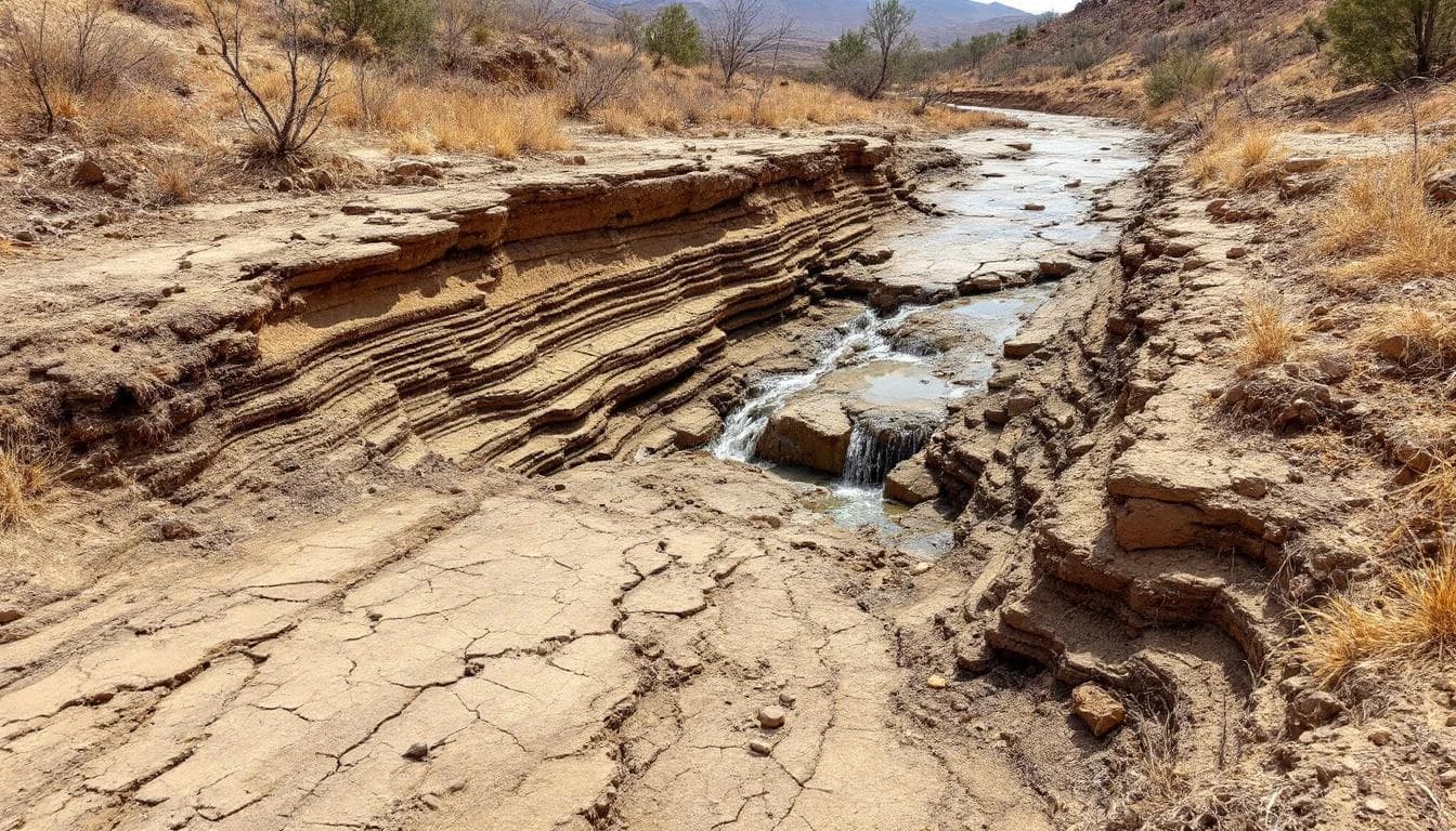 Poorly performing earthen check dam showing erosion damage where water has bypassed the structure