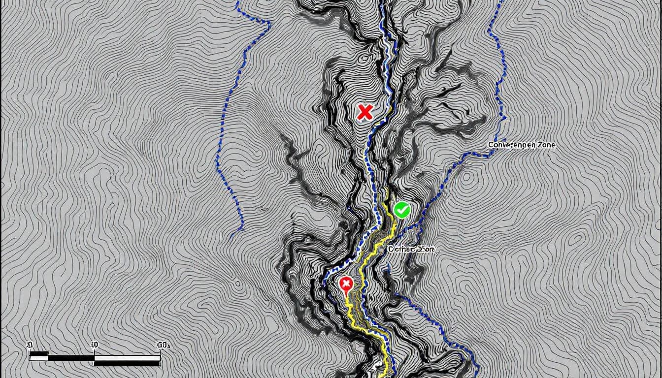 Map showing incorrect versus correct check dam placement based on terrain data quality