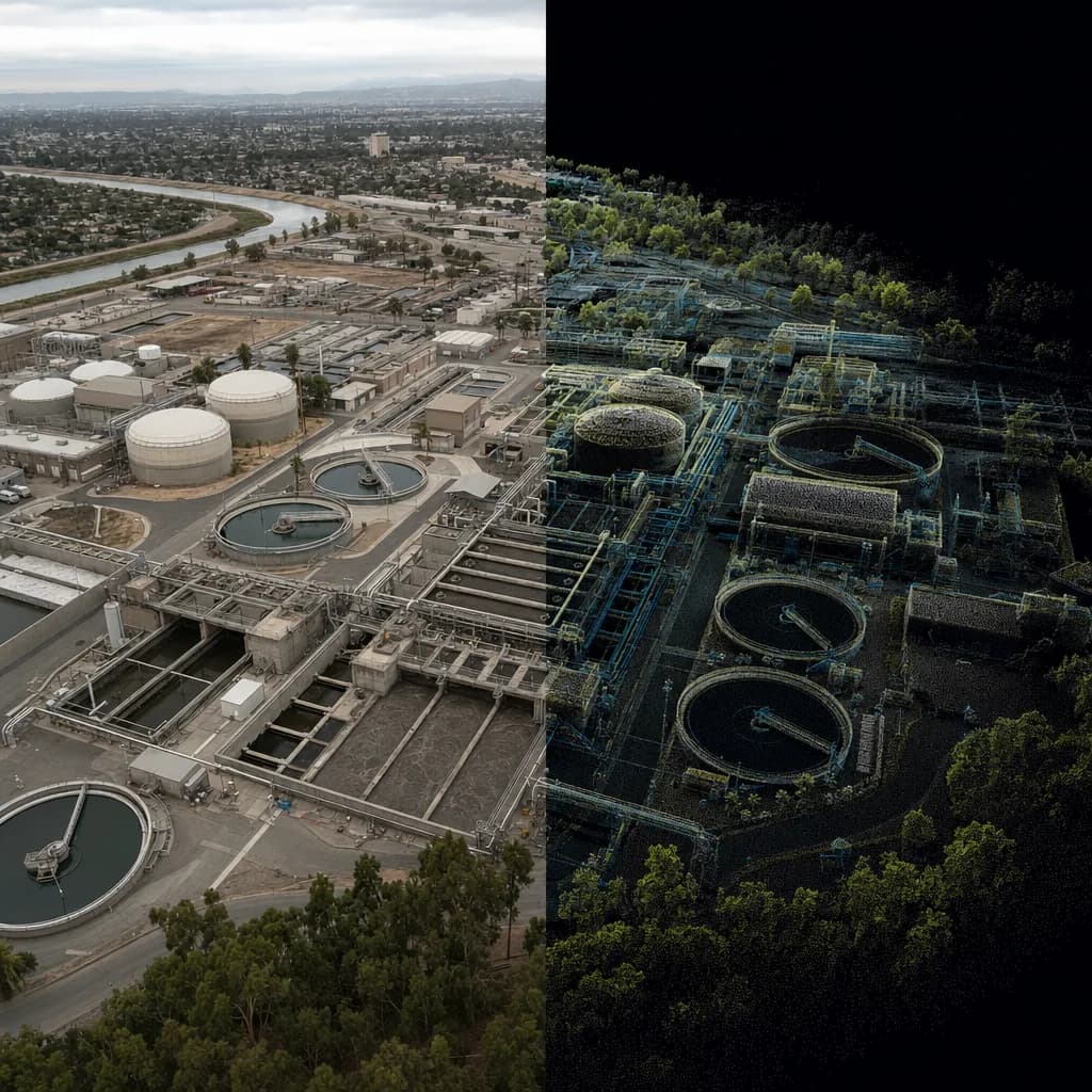 Water treatment facility shown half as an aerial photograph and half as a colored LiDAR point cloud