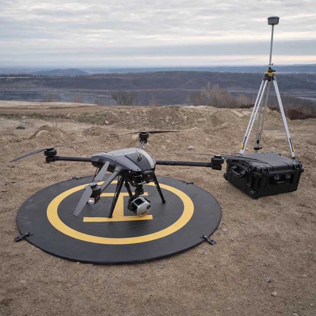 Survey drone with a LiDAR sensor on a landing pad beside a GNSS base station