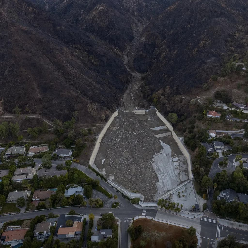 Concrete debris basin partly filled with mud and boulders below burned foothill slopes