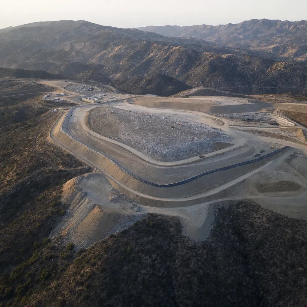 Aerial view of terraced landfill slopes and access roads in dry chaparral hills