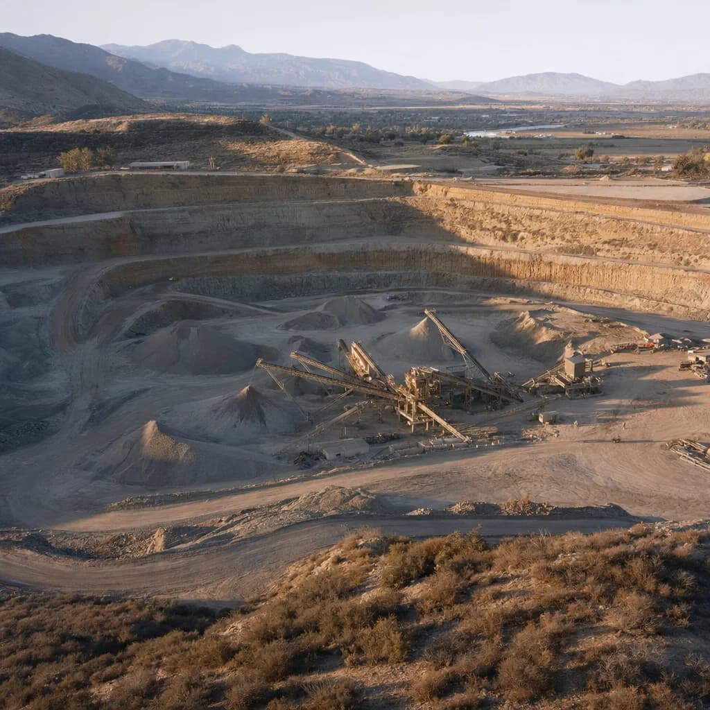 Aggregate quarry with stepped pit walls and stockpiles