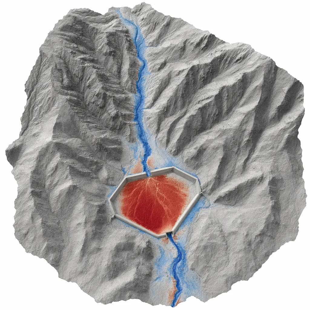 Elevation-change map of a debris basin showing sediment deposition in red and channel erosion in blue