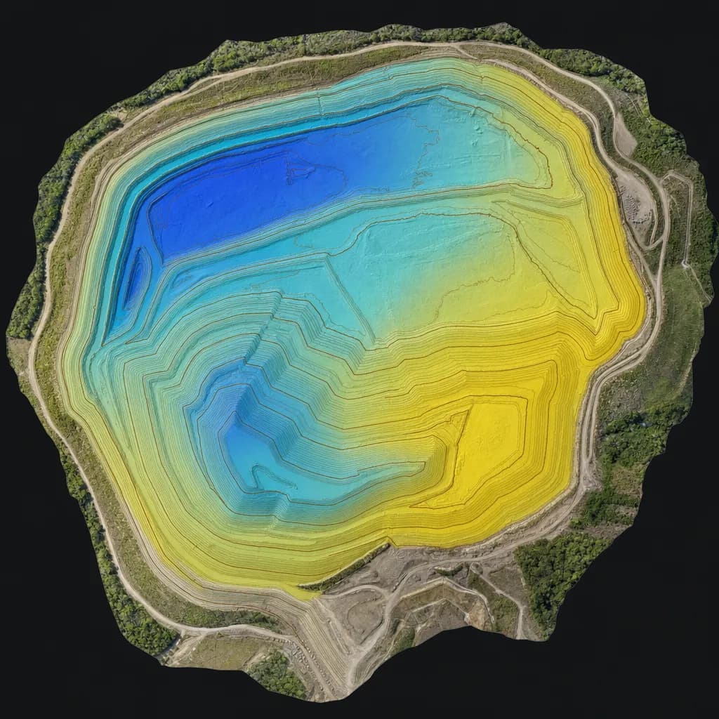 Shaded surface model of a terraced landfill with contours and a color overlay of remaining fill depth