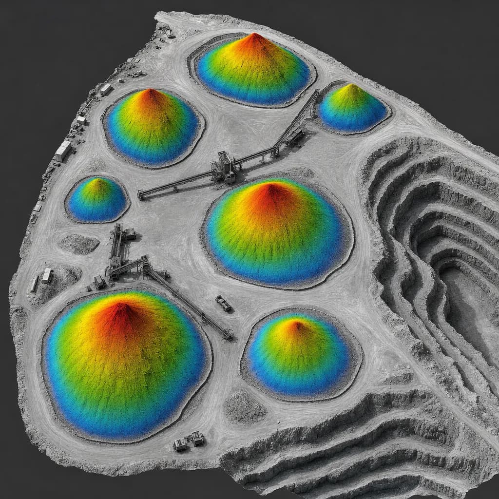 LiDAR stockpile map with each crushed-rock pile colored by height over a grey hillshade