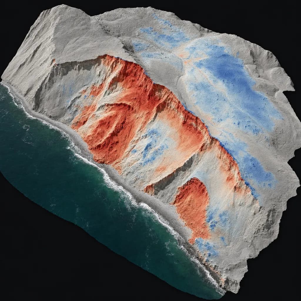 Displacement map of a coastal bluff landslide with red where ground dropped and blue where it bulged