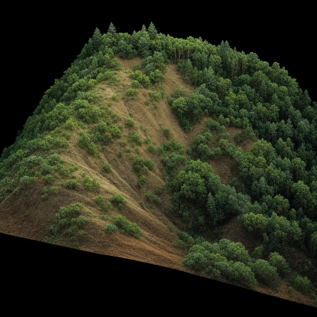 Color-rendered LiDAR point cloud of a brushy hillside with oaks and chaparral