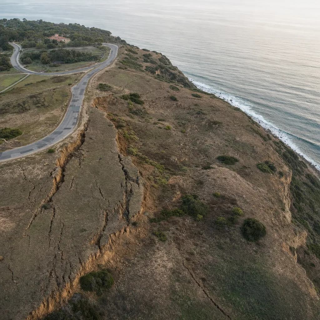 Coastal bluff landslide with scarps and fissures through grass above the ocean