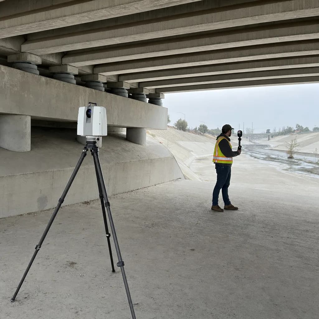 Tripod-mounted laser scanner under a concrete freeway bridge with a technician holding a handheld scanner