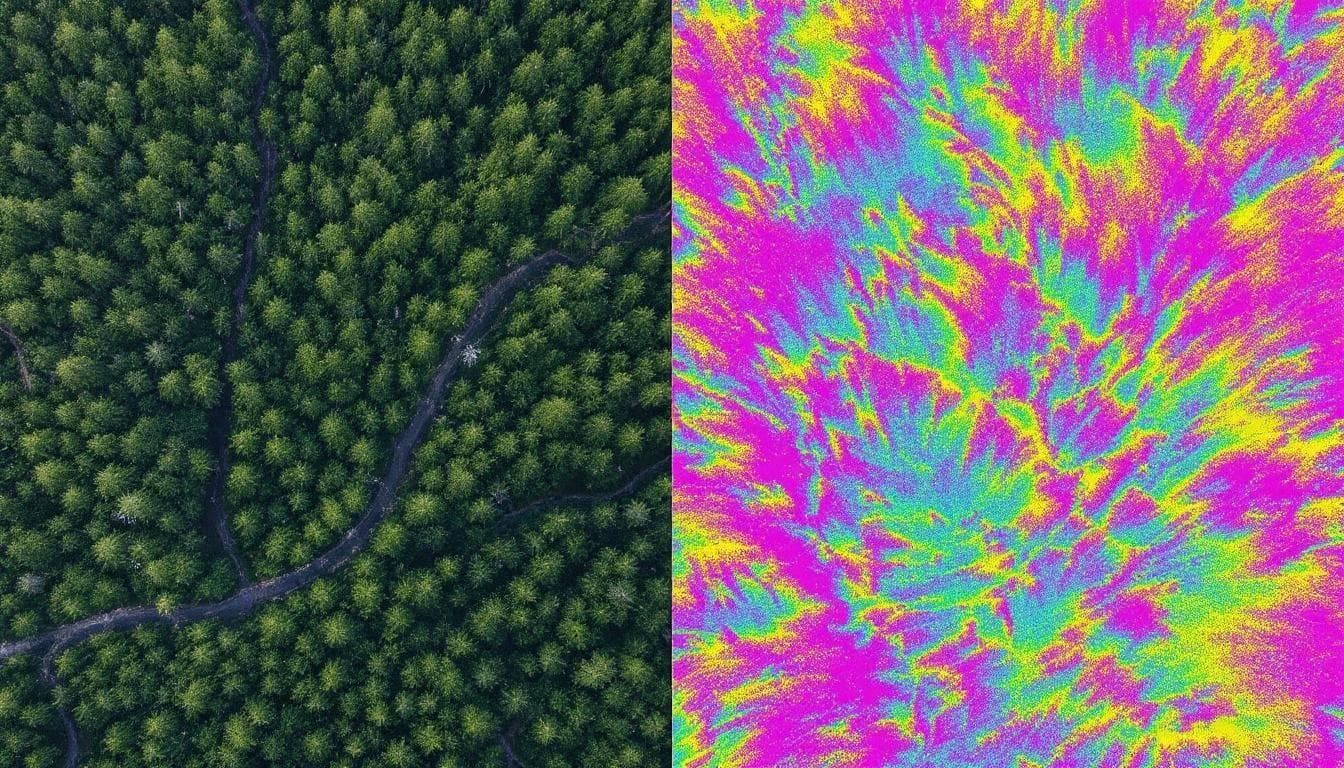 Side-by-side comparison of a LiDAR point cloud and photogrammetry orthomosaic of the same terrain