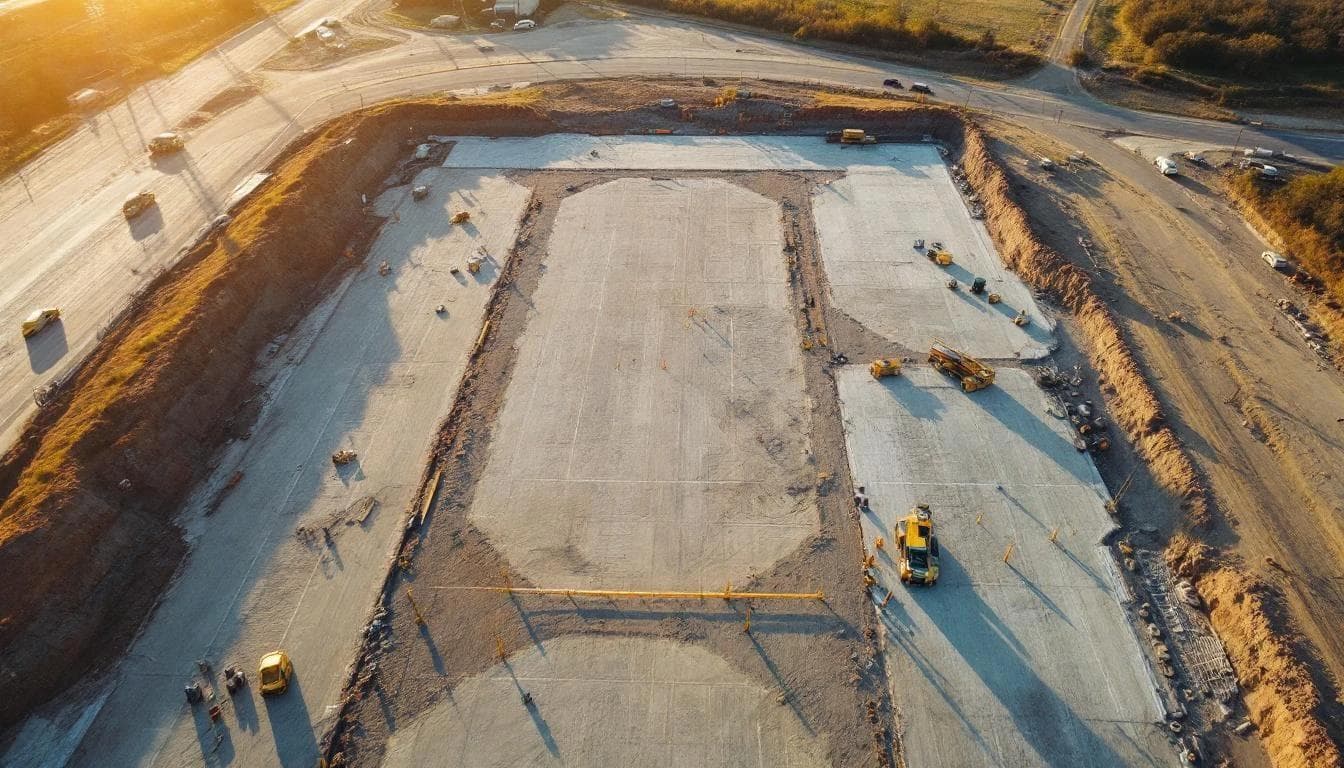 Drone equipped with survey-grade sensors flying over an active construction site with ground control points visible