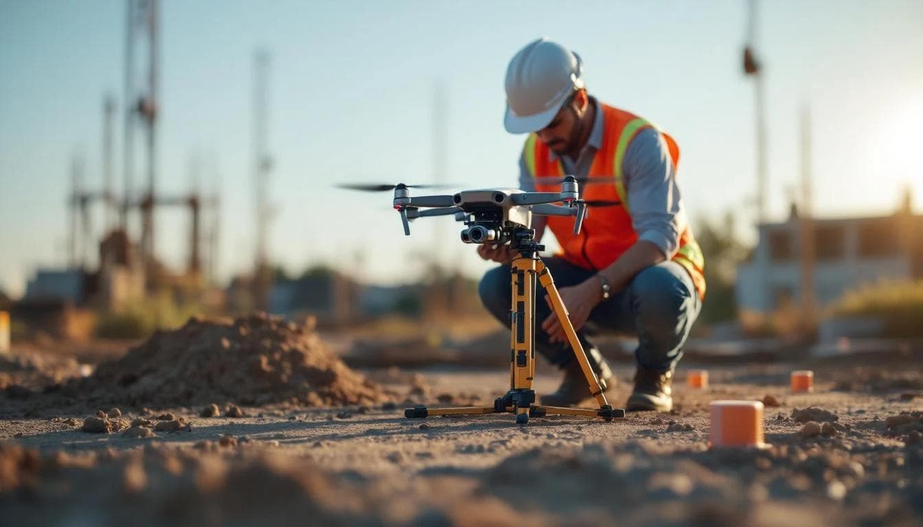 Construction project manager reviewing drone survey deliverables on a tablet at a job site
